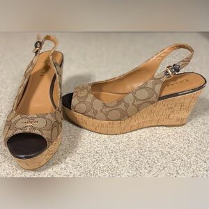 COACH Signature Tan Open Toe Wedges